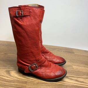 Frye Veronica Slouch Boots Moto Boys Size 2.5 Red Leather‎ Pull-On Buckle